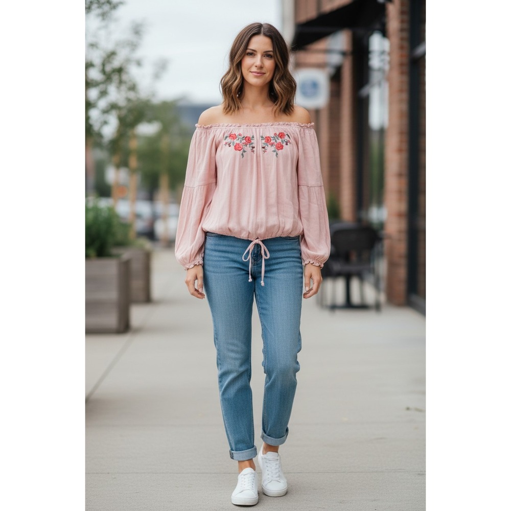 Hollister Pink Embroidered Rose Off The Shoulder Peasant Top Small Boho
